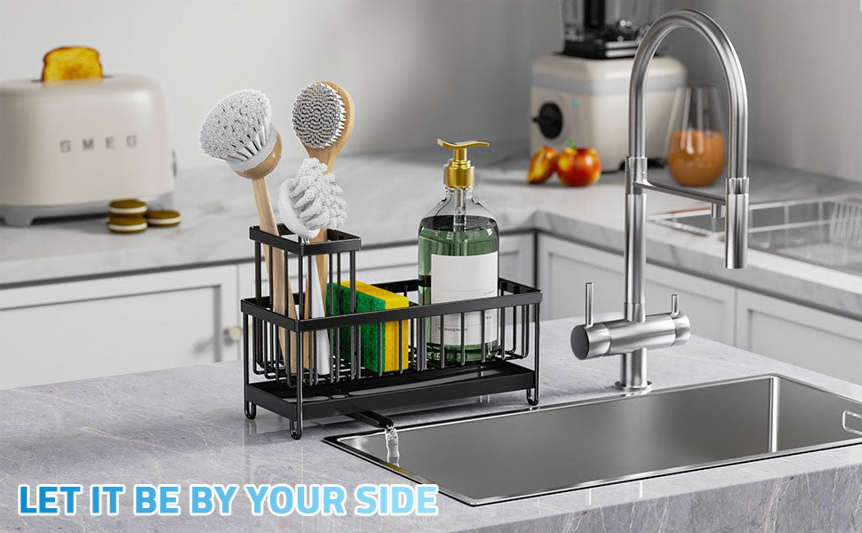 Sponge Holder for Kitchen Sink, Sink Caddy with High Brush Holder, Kitchen Sink Organizer