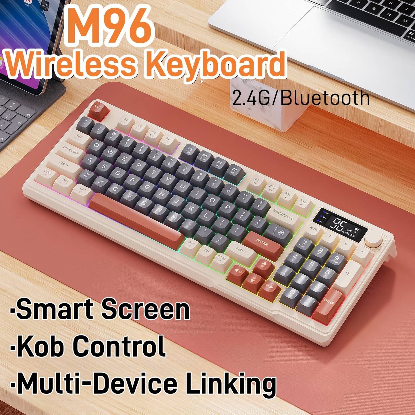Teclado Sem Fio FreeWolf M96 com Tela, Teclado Gamer Bluetooth Conexão Dual-Mode, Conexão Multi-Dispositivos, Ergonômico