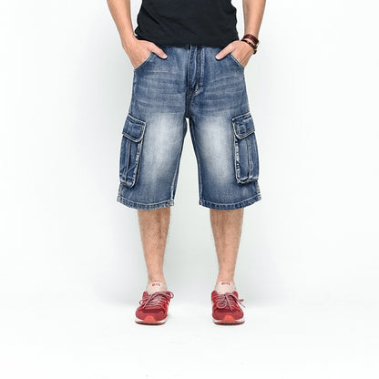ABOORUN Mens Plus Size Loose Baggy Denim Shorts Fashion Streetwear Hip Hop Skateboard Cargo Jeans Short for Male R1402
