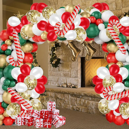 Christmas Theme Red Green Ballon Arch Kit Gold Confetti Latex Balloons Garland Xmas Candy Cane Foil Globos Home Party Decoration