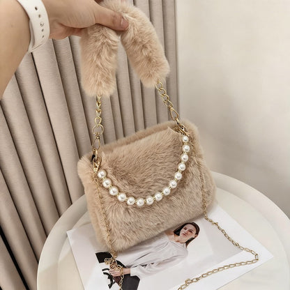 Fashionable Pearl Rabbit Fur Velvet Handbag Women's Crossbody Bag Chain Design Autumn Winter Small Versatile Bag Elegant