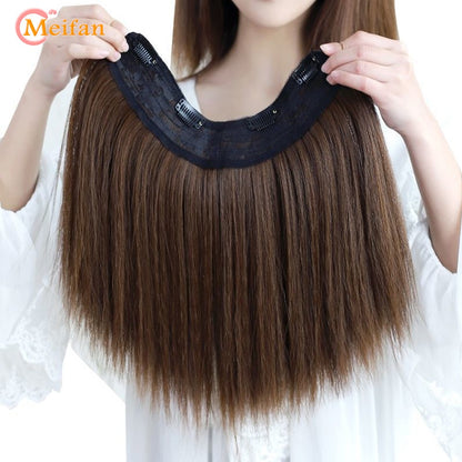 MEIFAN Peruca Sintética Longa e Lisa em U com Meia Cabeça para Mulheres, Clipes Pretos e Castanhos em Extensão de Cabelo, Apliques Naturais e Falsos