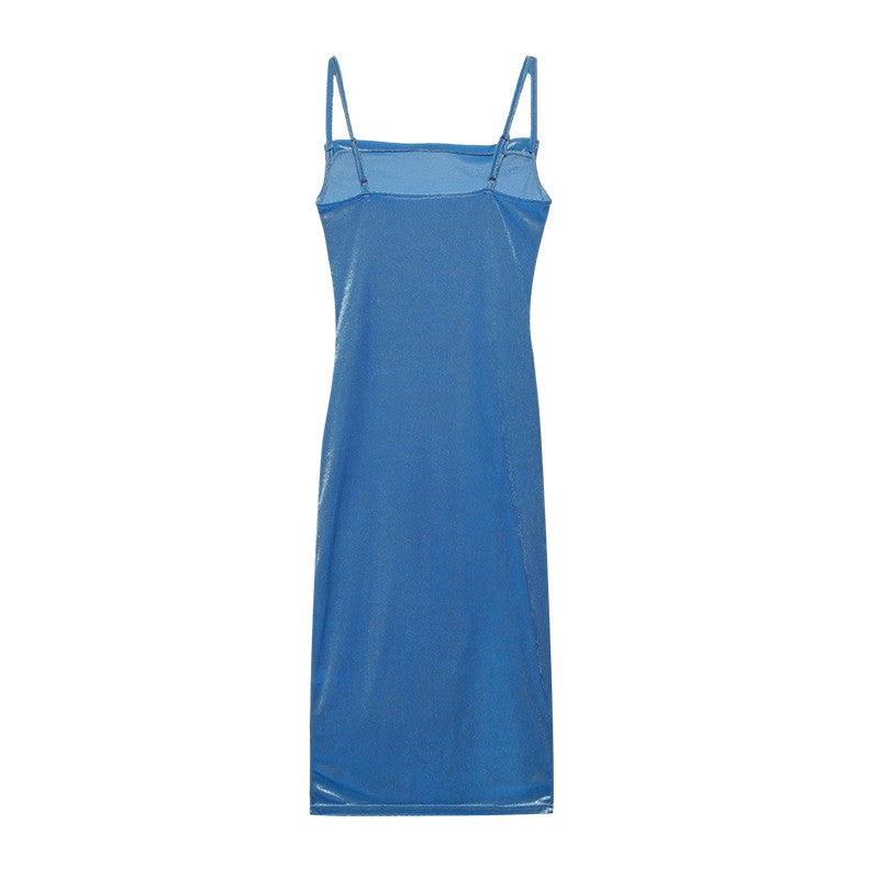 Velvet Swing Collar Sleeveless Slip Sexy Slit Maxi Dress 2024 New Fashion Evening Party Women Elegant Streetwear Y2K