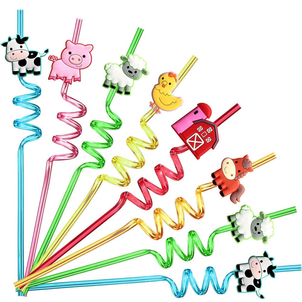 8pcs Reusable farm animal drinking straws party supplies chickens sheep horses cows pigs barns farms birthday party decorations