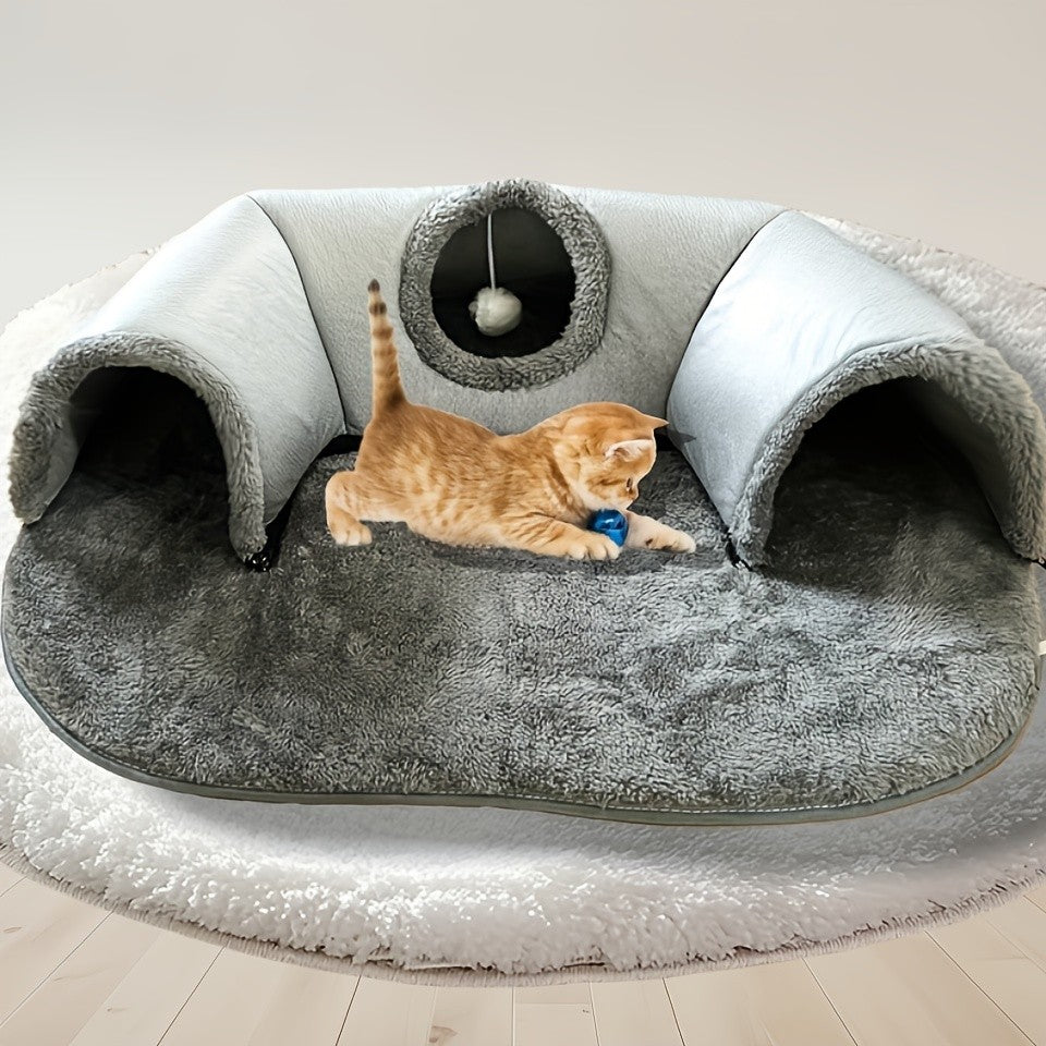 Cama Túnel Aconchegante Winte Winte 3 em 1 para Gatos - Tapete de Brinquedo e Ninho Quente Com Base Antiderrapante Para Gatos Pequenos a Médios, Coelhos e Hamsters