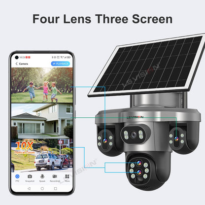 LS VISION 20MP 10X Optical Zoom Three PTZ Lens Solar Camera Outdoor WiFi/4G Three Screen Auto Tracking Security Cameras V380 Pro