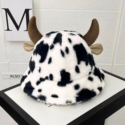 Autumn and winter new cow print horn fisherman hat female print Korean fashion plush thickened warm basin hat