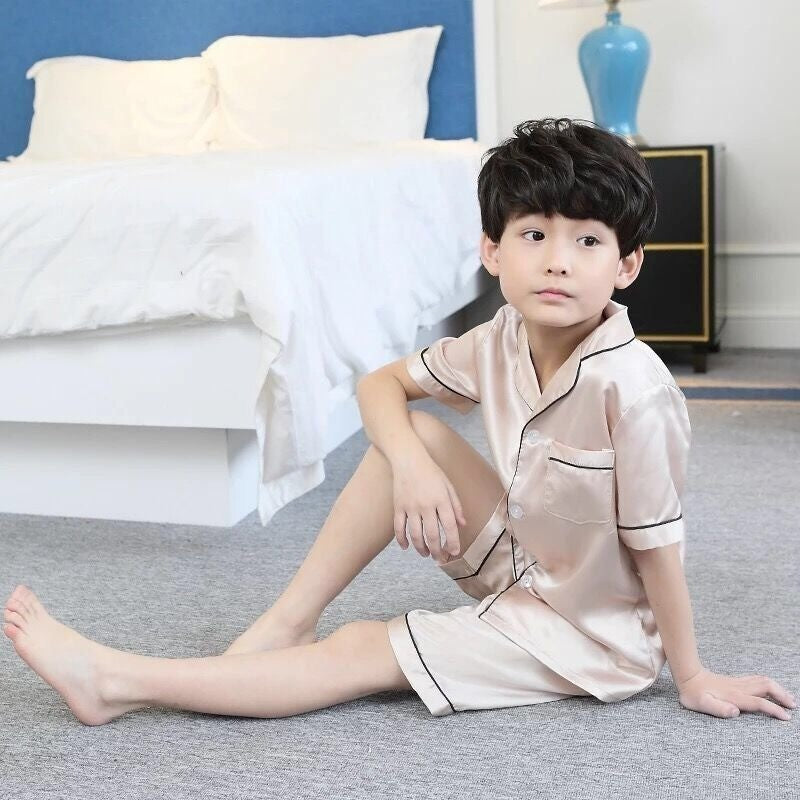 Kids Ice Silk Sleepwear Summer Short Sleeve Homewear Set for Boys Girls Thin Lightweight Baby Air Conditioning Clothing