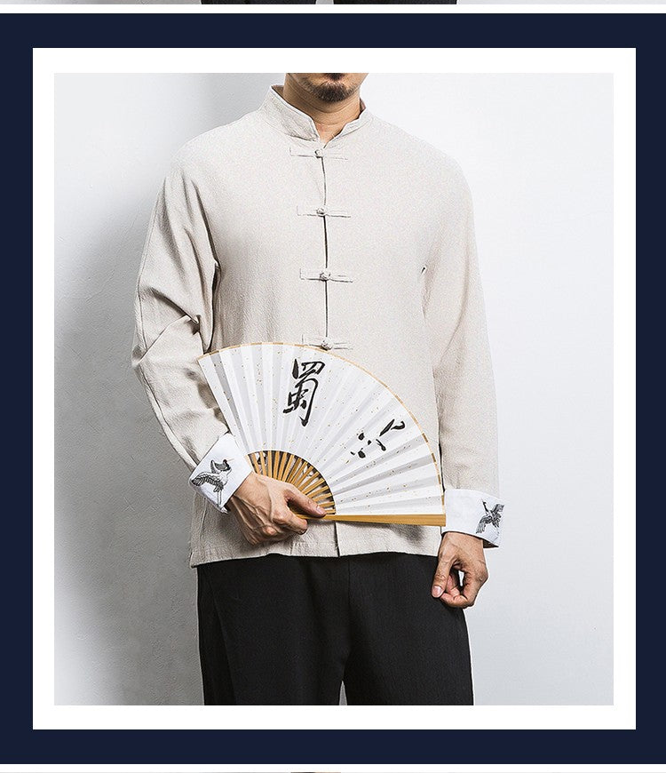 New Crane Embroidery Top Traditional Chinese Clothing for Men Vintage Half Sleeve Linen Shirts Solid Madarin Collar Hanfu Kungfu