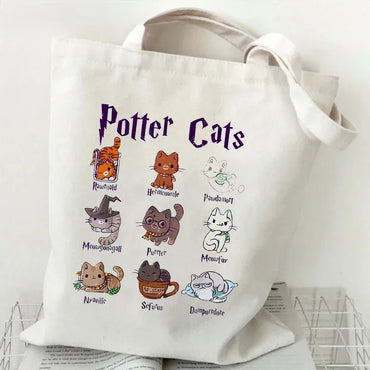 Potter Cats Printed Canvas Tote Bag for Women Handbag Harajuku Shopper Bags Cartoon Cat Aesthetic Tote Bag Female Shoulder Bag