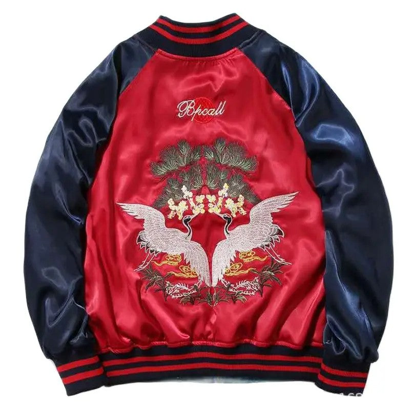 Satin Embroidered Bomber Jacket Men Women Couple Wear Coat Korean Oversize Sukajan Retro Spring Autumn 2025 Z1