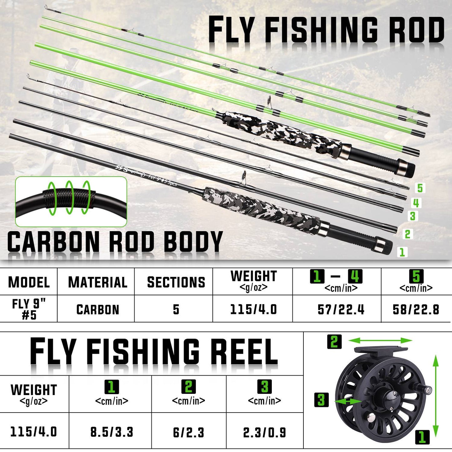 Sougayilang 5# Fly Fishing Rod Combo Super Light Portable Carbon Fiber Trout Rod Starter Package Fly Fishing Kit Fishing Tackle