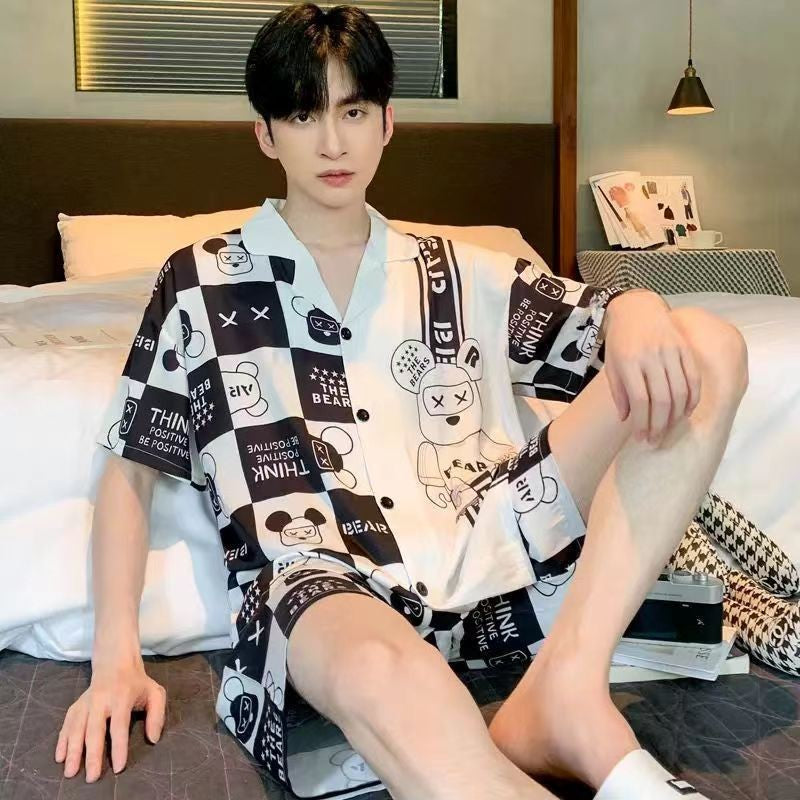 Large Size Men‘s Pajamas Set Ice Silk Cartoon Bear Short-Sleeved Student Two-Piece Button Tops and Pants Youth Student Sleepwear