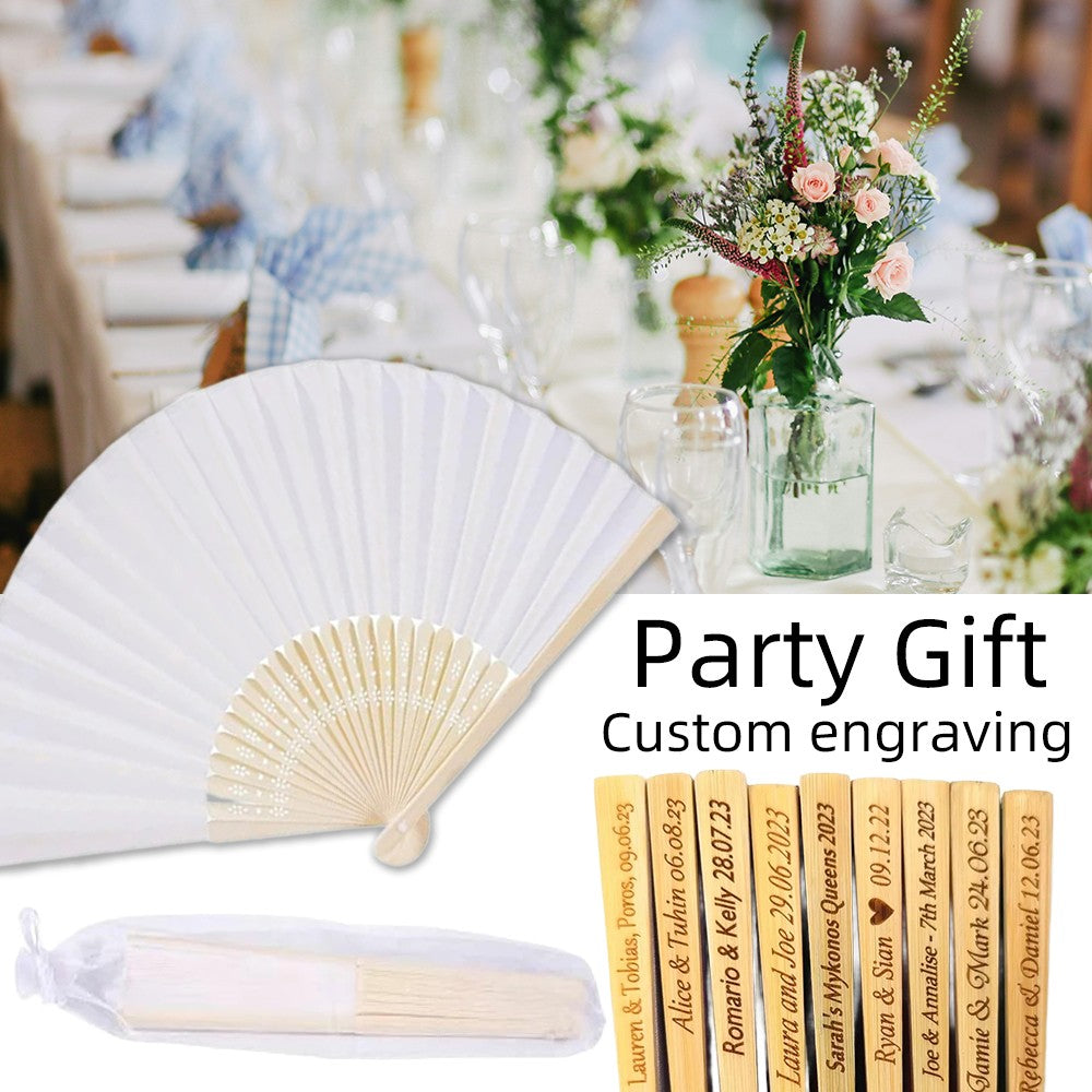 10-90pcs Personalized Engraved White Folding Elegant Silk Hand Fan with Organza Gift Bag Wedding Party Supplies Bulk Purchase