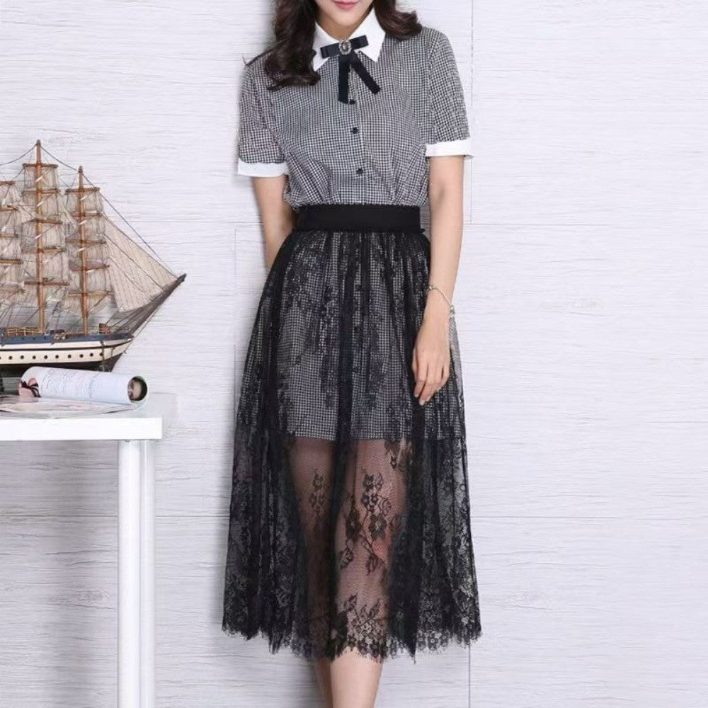 Fashion Transparent Sexy Lace Mesh Skirt Elegant 2 Length Midi Skirt Ladies Elastic High Waist Womens Skirt Ladies