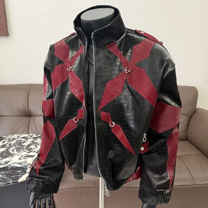 PFHQ Men's PU Leather Jacket 2025 Zipper Stand Collar Contrast Color Korea Fashion Darkwear Male Tops Casual 21E2807