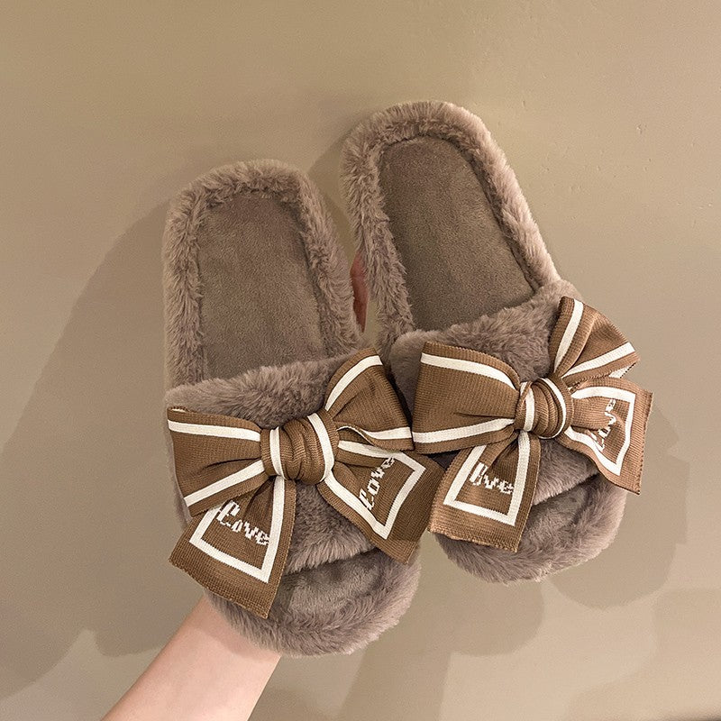 Casual Fluffy Slippers Women House Flats Fashion Winter Bowknot Love Designer Shoes Ladies Home Plush Platform Elegant Footwear