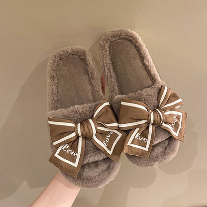 Casual Fluffy Slippers Women House Flats Fashion Winter Bowknot Love Designer Shoes Ladies Home Plush Platform Elegant Footwear