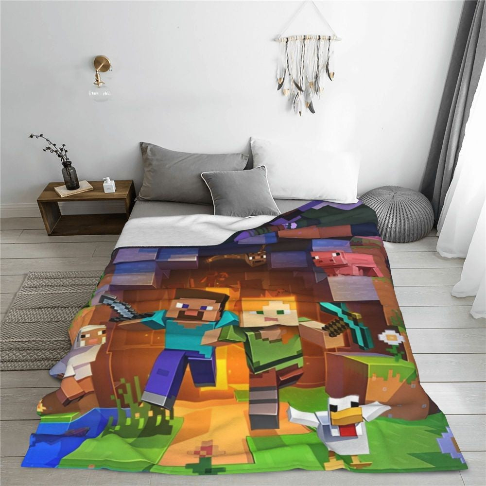Cartoon Mines Pixel Game Crafts Flannel Blanket Super Warm Throw Blanket for Home Decor Decorative Street Trend Bedspread