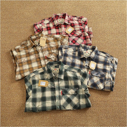 Autumn New Japanese Retro Long-Sleeve Lapel Plaid Cargo Shirt Men's Simple 100% Cotton Washed Pocket Casual Blouses Thin Coat