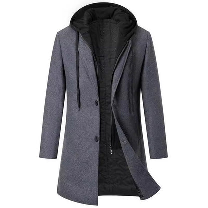 Men's Thickened Fake Two-Piece Wool Blend Overcoat, Hooded Long Coat Man, Autumn Winter Solid Color Slim Windbreaker Men