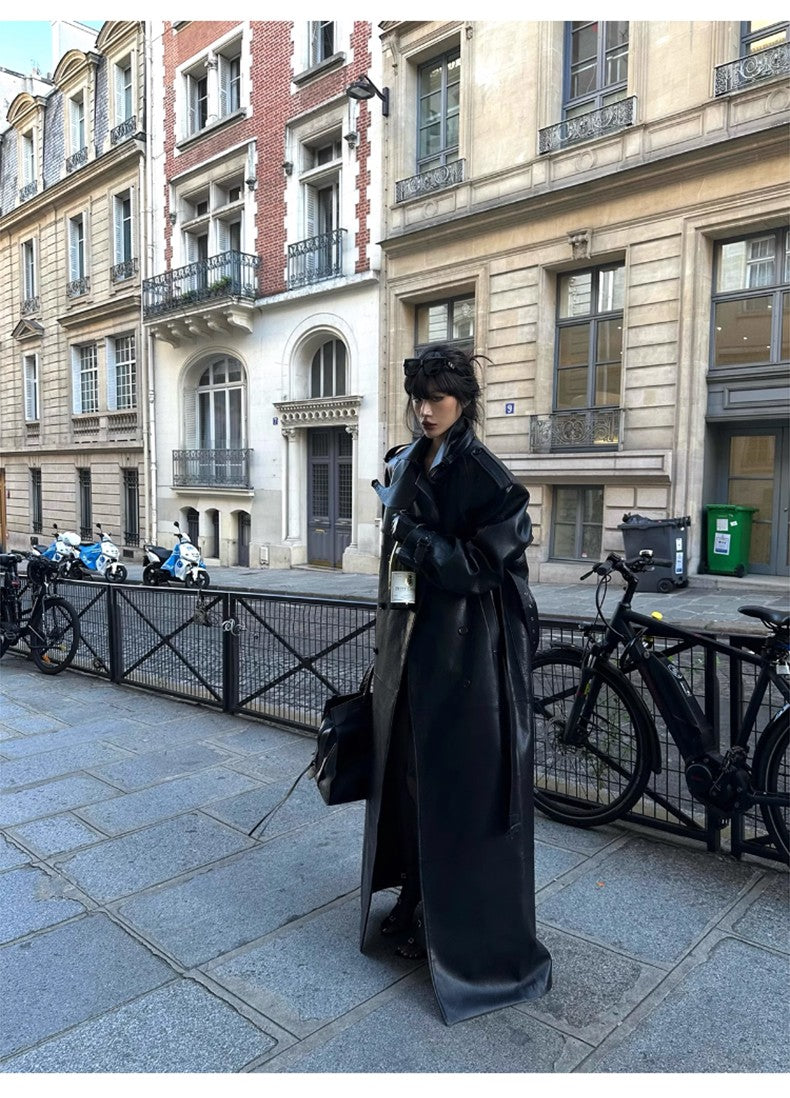 Lautaro Spring Autumn Extra Long Black Pu Leather Trench Coat for Women with Back High Slit Luxury Chic European Fashion 2024