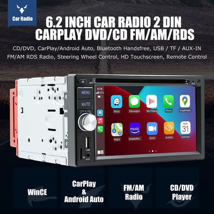 ESSGOO Universal Double 2 Din 6.2" Car Stereo Radio CD DVD Multimedia Video MP5 Player Wireless Carplay & Android Auto USB BT