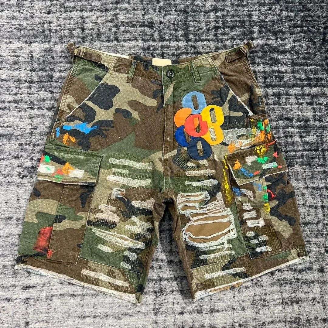 Retro Camouflage Cargo Denim Shorts Y2K Jeans Mens Pocket Embroidery Baggy Shorts Low Waist Over The Knee Pants Casual Shorts