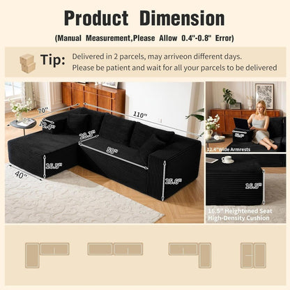 110” No Assembly Compression Boneless in a Box Cloud Sectional Couches for Living Room L-Shape Sleeper Sofa, Modern Modular Cord