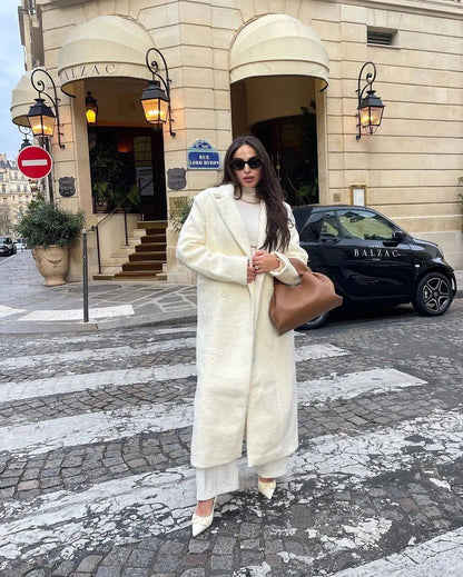 Elegant White Lapel Woolen Long Coat Women Fashion Full Sleeve Single-breasted Warm Loose Coats Lady Winter Commute Street Wear