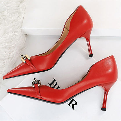 Women 7cm High Heels Pumps Lady Scarpins Fetish Nightclub Blue Nude Low Heels Wedding Party Metal Chain Buckle Fetish Prom Shoes