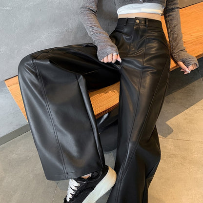 2025 New High Waist Vintage Black Women's PU Leather Wide-Leg Pants Loose Straight Retro Casual Floor-Length Pant Autumn Winter