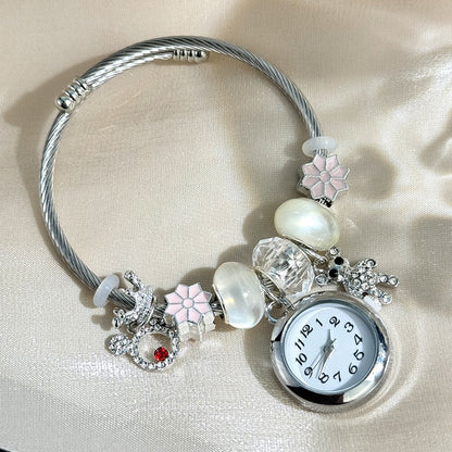 Cross-border Gold Bracelet Watch Adjustable opening Alloy bracelet Quartz Watch Beaded Small flower bracelet Watch
