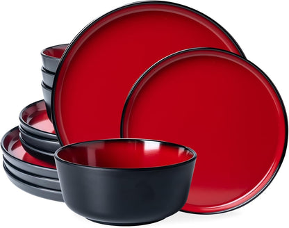 Melamine 12-Piece Modern Dinnerware Set, Kitchen Plates and Bowls Sets, Luxury 2 tone Red and Black Ceramic look Dish Set for 4.