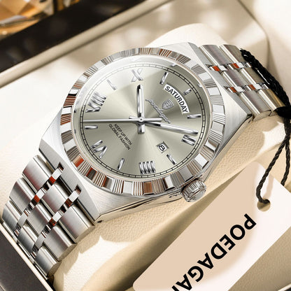 POEDAGAR Luxury Business Man Watch Week Date Waterproof Luminous Watches For Men Stainless Steel Quartz Fashion Men's Wristwatch