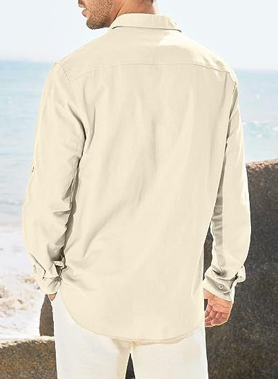 Business Men's Single-breasted Shirt Double Pocket Cotton Linen Long-sleeved Shirt Casual Vacation Shirt