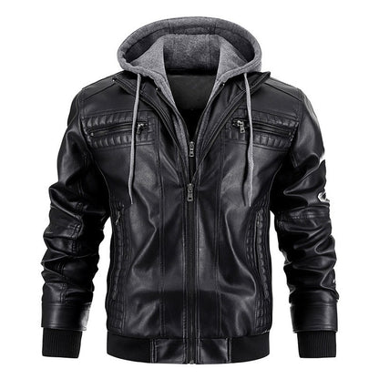 Men's PU Leather Jacket Hooded Motorcycle Slim Fit Casual Coats Men Autumn Winter Windproof Hat Detachable Biker Leather Outwear