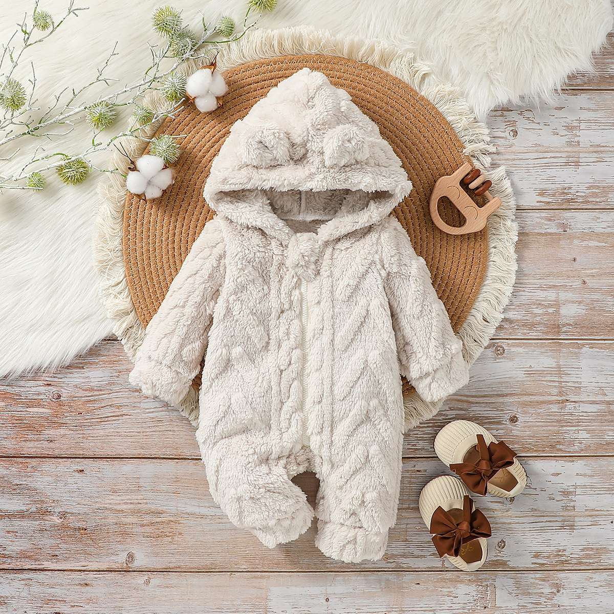 Baby Boys Cute Winter 2024 Long Sleeve Hooded Fashion Plush Jumpsuit For Streetwear Warm Clothes