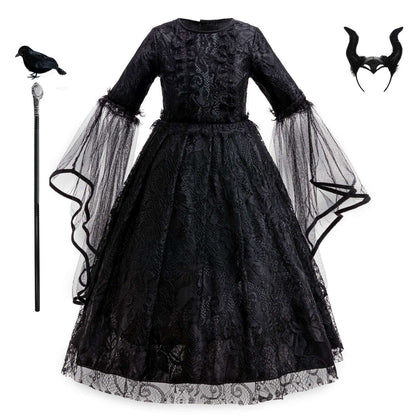 Halloween Costume Cartoon Maleficent Cosplay Dress Fancy Witch Disguise Robe Carnival Devil Queen Dot Tulle Frock
