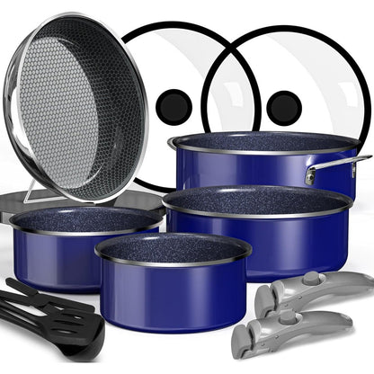 Pro 12 peças, conjunto de panelas e frigideiras de aço inoxidável híbrido 3 camadas, cerâmica de 2 camadas, para indução, para selar e fritar em alta temperatura