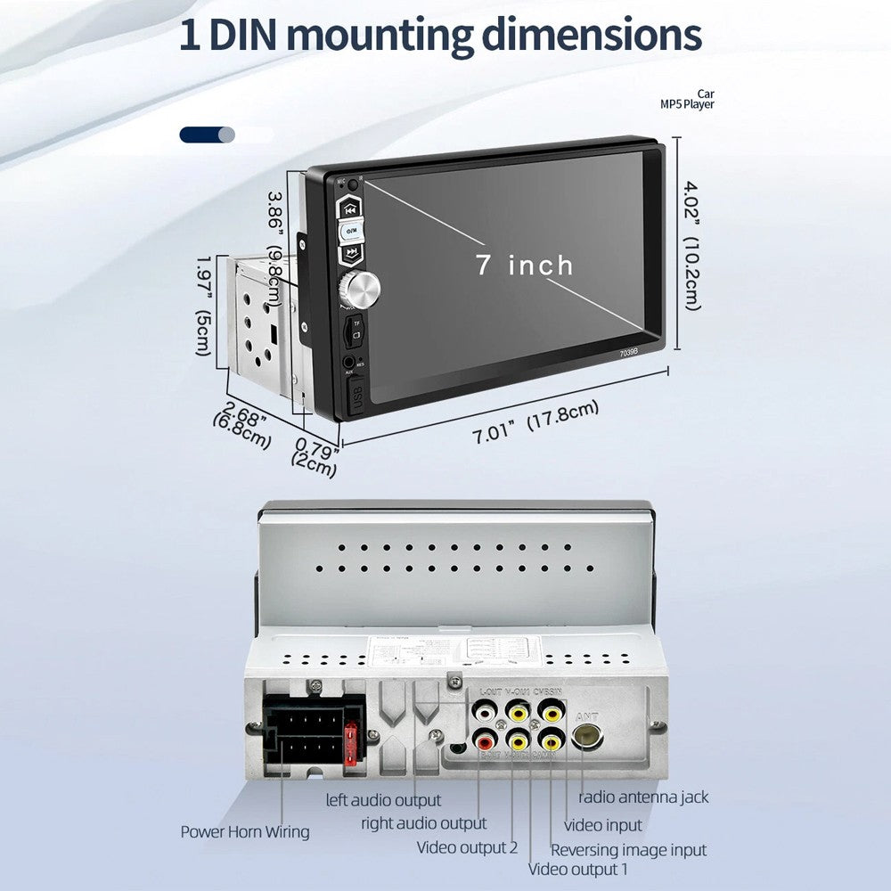 Universal 1 Din Car Radio HD 7" Touch Screen Stereo Bluetooth USB FM ISO Power Aux Input Mirror Link Auto Multimedia Player MP5