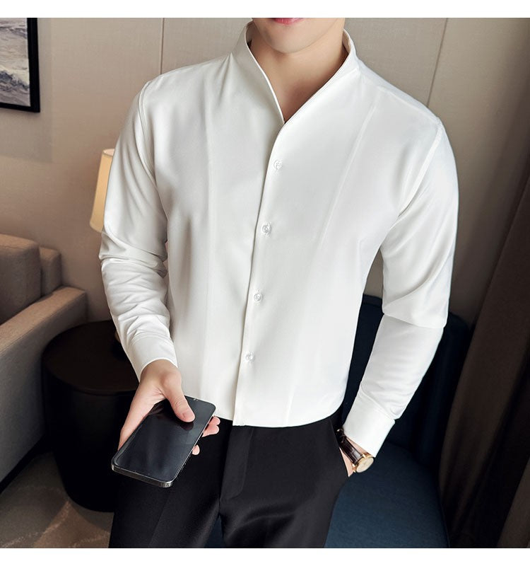 Advanced Sexy V-neck Men's Long Sleeved Shirt Designer Stand Up Collar Shirt Business Social Slim Fit Black and White Top