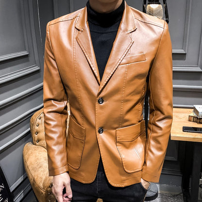 New Spring Men Slim Leather Blazers Jackets PU Leather Suits Coats Good Quality Male Business Casual Fit Suits Jackets Size 6XL