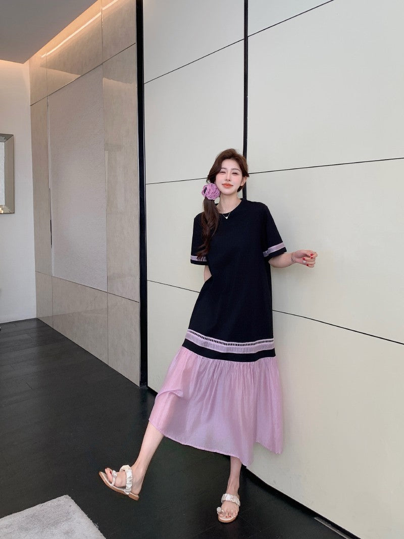 NYFS 2025 Summer Dress Loose plus Size Black Patchwork Pink Hem Long Dresses Robe Elbise Short Sleeve Korean Style Woman Dress