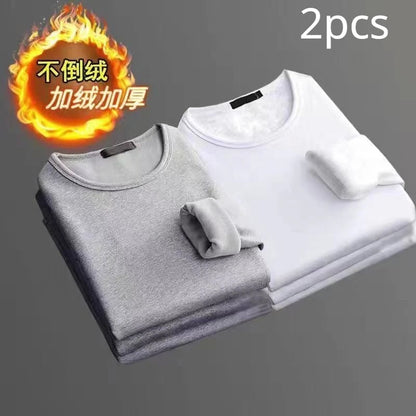 2PCS Men's Underwear Winter Long-sleeved Thermal Underwear Plus Velvet Padded T-shirt O-Neck Solid Color Slim Bottoming Shirt