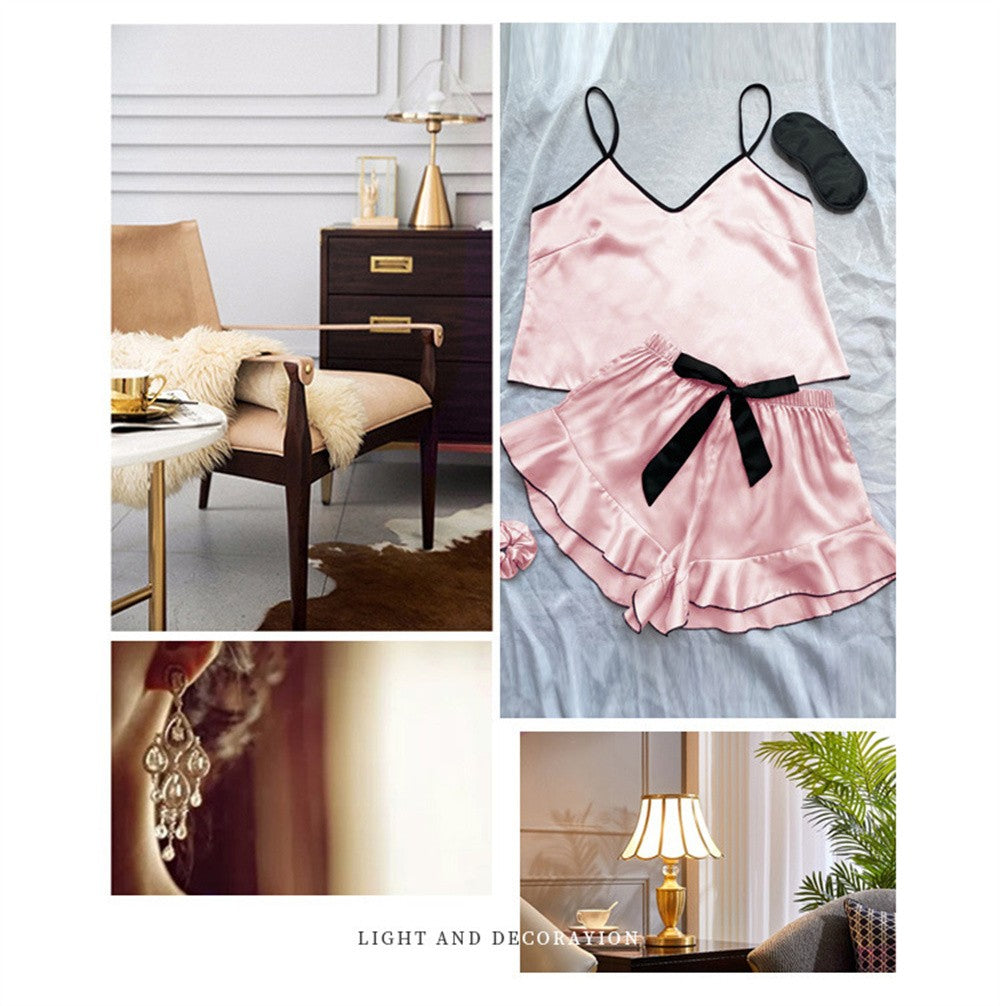 Women's Smooth Satin Pajamas V-Neck Top Ruffled Edges and Bow Shorts Simple and Breathable Pajama Set Sling Home Clothing