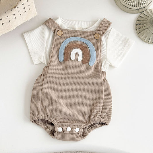 Newborn Baby Boys Clothing Summer Girls Set Waffle Rainbow Patch Overalls Romper Jumpsuit+Short Sleeved Shirt Clothes 2Pcs/Set