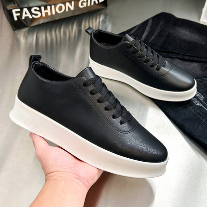 Fashion Thick Sole Black White Soft Men Leather Shoes Platform Men Casual Board Shoes Walking Sport Shoes Lightweight Work Shoes