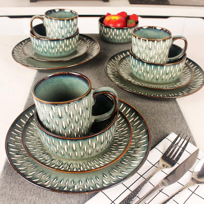 Conjuntos de Louça de 16 Peças – Louça Redonda de Cerâmica Esmaltada Reativa – Louça de Cozinha de Porcelana com Prato de Jantar, Tigela e P