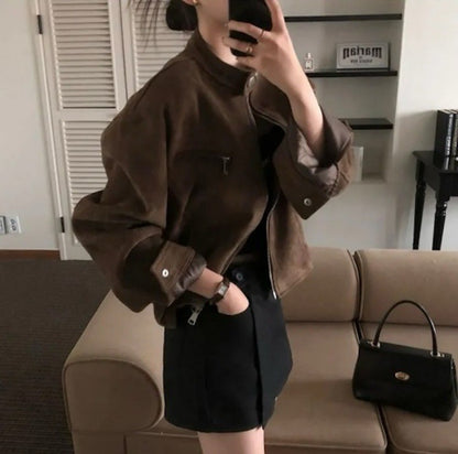 Retro American Coffee Brown Copper Zipper Button Short Jacket 2025 Autumn Trendy PU Leather Jacket Versatile for Dynamic Women